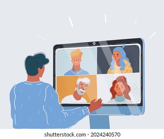 Cartoon vector illustration of man have conference online on white backround.