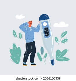 Ilustración vectorial de caricatura del hombre tiene fiebre y termómetro de retención