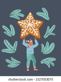 Cartoon vector illustration of man having gingerbread heart Isolated on dark.