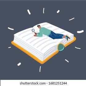 Cartoon vector illustration of man having research with magnificent glass. while he reading a book. Human character on dark background.