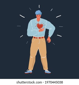 Cartoon vector illustration of Man having heart or panic attack. Male character on dark backround.