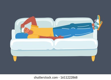 Cartoon vector illustration of man with Headache laying on sofa.