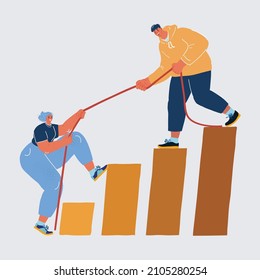 Cartoon vector illustration of man help woman to get level up