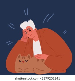 Cartoon vector illustration of man and his cat. Adorable pet owners and cute domestic animals over dark backround