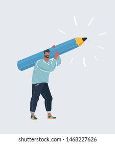 Cartoon vector illustration of Man hold big pencil. Writer, bloggers, journalists, interviewer, screenwriter, copywriter, author, draftsman concept. Human character on white background.