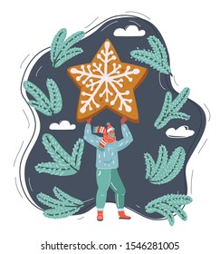 Cartoon vector illustration of man hold gingerbread. Christmas on dark background.