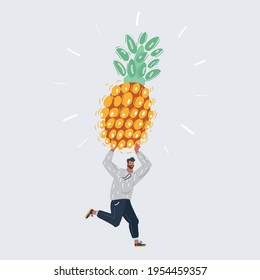 Cartoon vector illustration of man hold big pineapple on white backround.