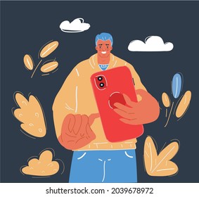 Cartoon vector illustration of man hold smartphone and take photo or video.