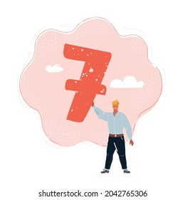 Cartoon vector illustration of man hold seven in his hands.