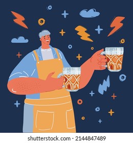 Cartoon vector illustration of man hold two beer in his hands over dark backround.