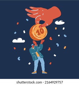 Cartoon vector illustration of man hold big gold coin, given by another persons giant hand over dark backround.