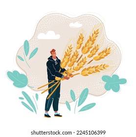 Cartoon vector illustration of man hold golden wheat ear