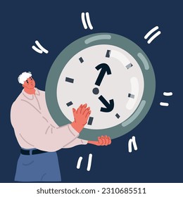 Dibujo vectorial de la ilustración del hombre sostén el reloj grande tratando de detener el tiempo sobre el fondo oscuro