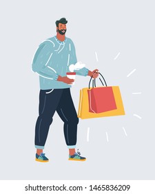Cartoon vector illustration of man holding shopping bags on white background.