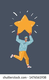 Cartoon vector illustration of Man holding a big yellow star. Idea of feedback and rating. Rate the product. Star as a metaphor of achievement.