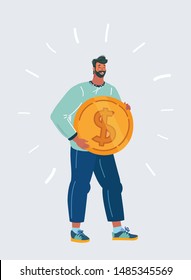 Cartoon vector illustration of man holding huge golden dollar coin. Earning, saving and investing money concept. Human character on white background.