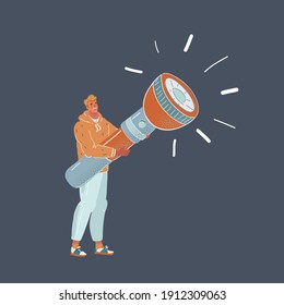 Cartoon vector illustration of man holding big flashlight on dark background.