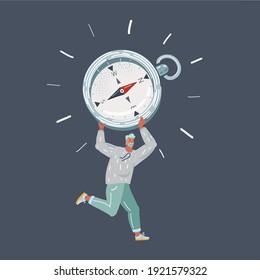Cartoon vector illustration of man is holding a big compass in her hands and fast run in right direction. Human character on dark background.