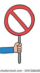 Cartoon vector illustration of man holding no sign. Colored and black outlines.