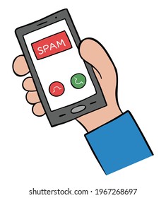 Cartoon vector illustration of man holding smartphone and spam call. Colored and black outlines.