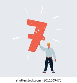 Cartoon vector illustration of man holding number 7 seven sign in his hands on white background.