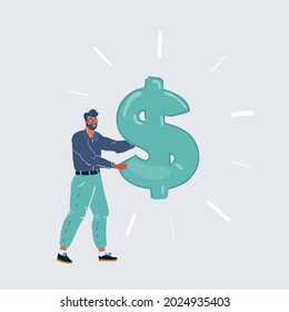 Cartoon vector illustration of man holding a dollar sign on white backroud.