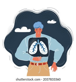 Cartoon vector illustration of man holding lung xray photo on dark backround.