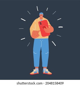 Ilustración vectorial de dibujos animados de hombres sosteniendo y usando un smartphone en el fondo oscuro