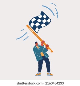 Cartoon Vector Illustration Of Man Holding Checkered Flag. Racing And Finish Symbol