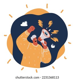 Cartoon vector illustration of man holding megaphone and cry through it over dark background
