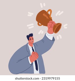 Cartoon vector illustration of man holding cup. Victory sign, ok sign, gesture of approval. Hand holding winner cup.