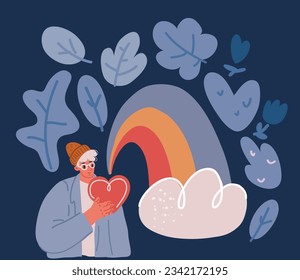 Cartoon vector illustration of man holding heart with colorful striped rainbow flags look camera Lifestyle lgbtq pride concept over dark background