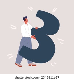 Cartoon vector illustration of man holding big number three. Thrid concept.