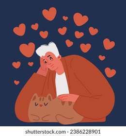 Cartoon vector illustration of man holding cute cats set. Happy men with lovely kitties in hands. Pet owners portraits with adorable pretty feline animals over dark backround