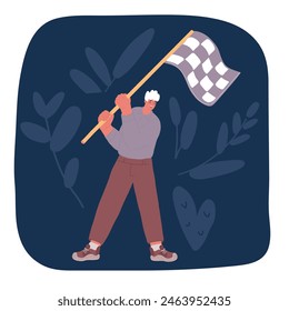 Cartoon vector illustration of man holding a black checkered flag over dark backround