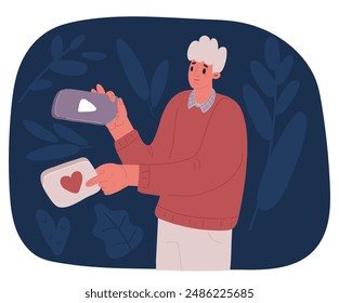 Cartoon vector illustration of Man Holding likes, video icon in social media and marketing online.