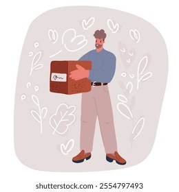 Cartoon vector illustration of man holding cardboard box. Moving and logistics concept.