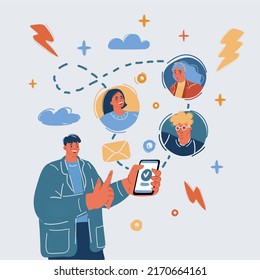 Cartoon vector illustration of man holds smart phone with messenger app. People using gadgets. Young people texting messages via messenger using smartphone