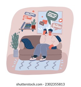 Cartoon vector illustration of man at home surfing internet with smartphone.