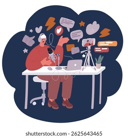 Cartoon vector illustration of man host streaming his audio podcast using microphone and laptop at his small broadcast studio over dark background