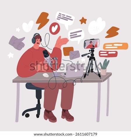Cartoon vector illustration of man host streaming his audio podcast using microphone and laptop at his small broadcast studio