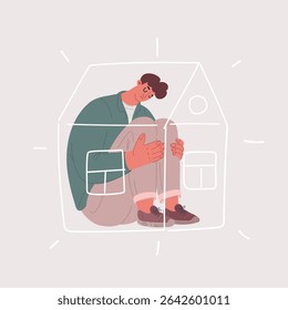 Ilustração vetorial de desenhos animados do homem é isolamento dentro de casa, casa. Triste, depressão, falta de espaço na minúscula casa, condições apertadas.