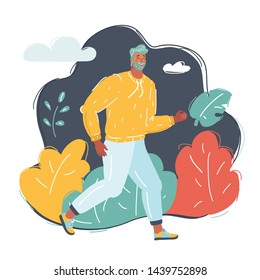 Cartoon vector illustration of Man jogging at the park. Happy male character smiling as he run along the path during sunset.