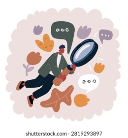 Cartoon vector illustration of man jump fly to huge magnifying glass hold by hand arm concept of success goal ambition