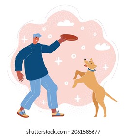 Cartoon vector illustration of man and jumping dog on pink