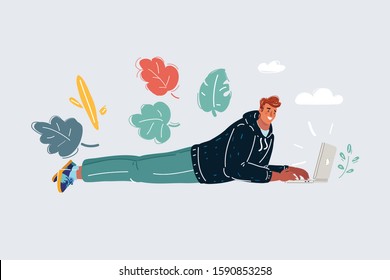 Cartoon vector illustration of man laing and relax with laptop on white.