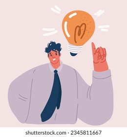 Cartoon vector illustration of Man with light bulb idea and showing thumbs up gesture.