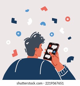 Cartoon vector illustration of man look at phone screen. Backside view of person.