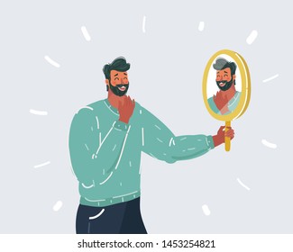 Cartoon vector illustration of man looking at his reflection in mirror. Human character on white.