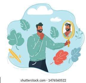 Cartoon vector illustration of man looking at himself in mirror to encourage and find confidence in himself.